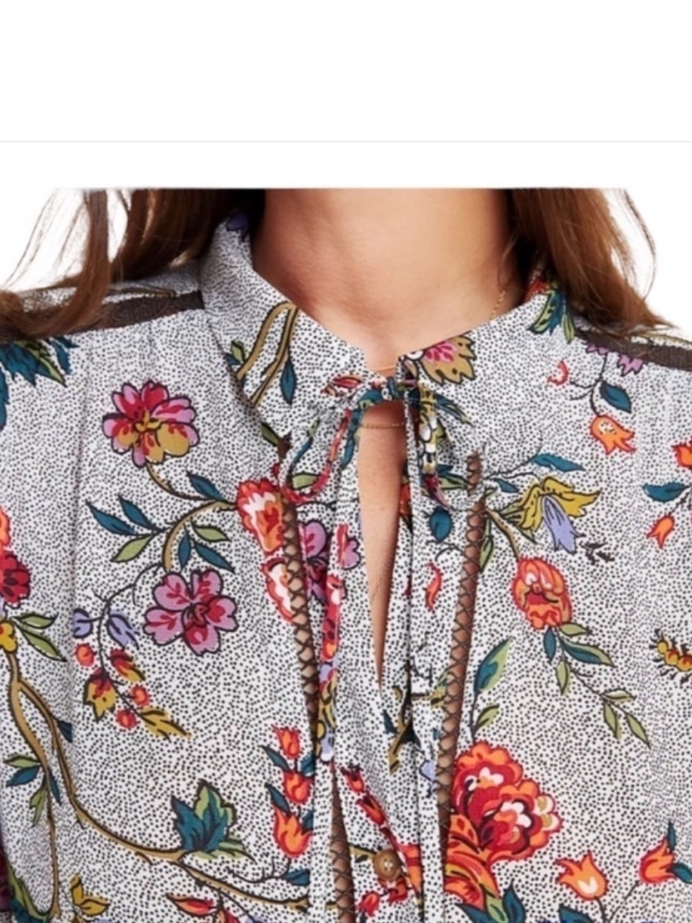Floral Peplum Blouse in White with Multicolor Blooms - Picture 2 of 5